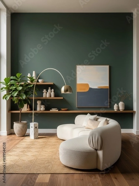 Obraz Modern minimalist living room with dark green accent wall, abstract art, floating shelves, and curved white sofa