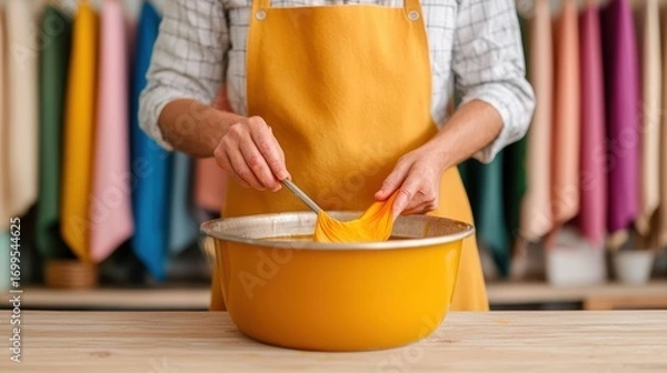 Fototapeta Person Mixing Colorful Fabric in Yellow Bowl at Creative Studio with Bright Background Textiles