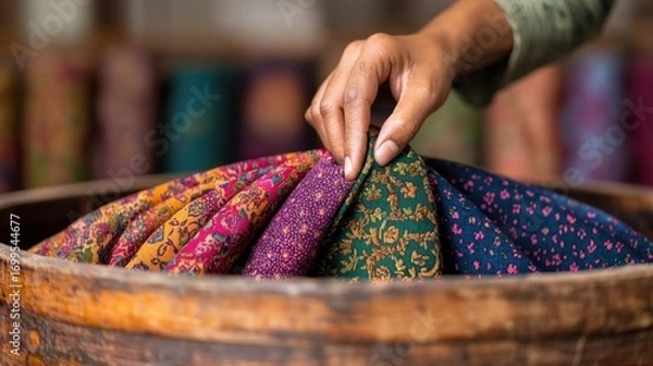 Fototapeta Hand Selecting Colorful Fabrics from a Wooden Bowl in a Textile Shop, Showcasing Patterns and Textures