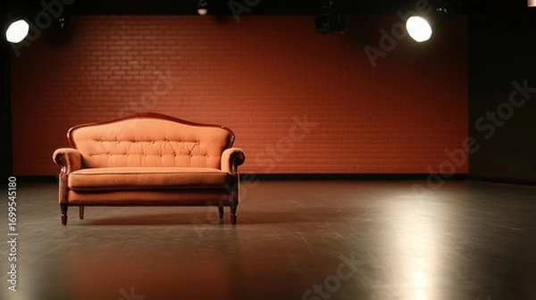 Fototapeta Elegant vintage sofa on a dark wooden floor in a modern minimalist studio with warm brick wall backdrop