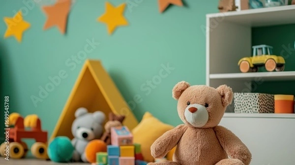 Fototapeta Cozy and Colorful Children's Playroom with Plush Toys, Decorative Elements, and Educational Blocks