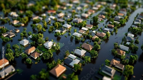 Fototapeta Aerial View of Suburban Neighborhood Flooded with Water Surrounded by Trees and Greenery After Heavy Rain