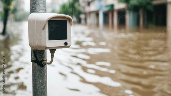 Fototapeta Flood Monitoring Device Amidst Urban Flooding with Flooded Street and Buildings in Background