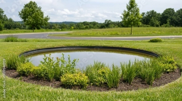 Fototapeta Circular Water Feature Surrounded by Lush Greenery in a Scenic Outdoor Setting with Blue Sky and Trees