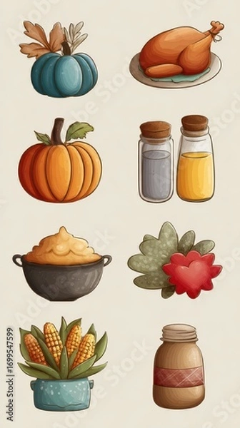 Fototapeta Colorful autumn harvest display featuring pumpkins, spices, and a roasted chicken in a rustic setting