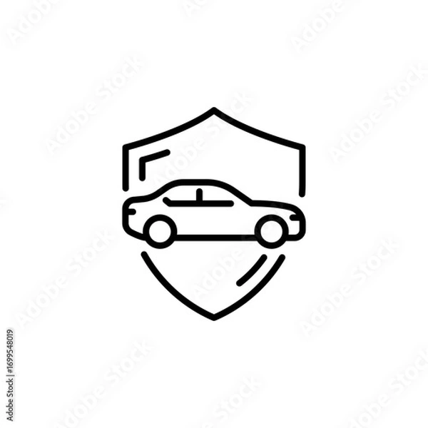 Fototapeta Shield and car icon. Simple outline style. Safety, protect, safe, secure, vehicle, auto, transport, insurance concept. Thin line symbol. Isolated design.