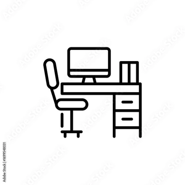 Fototapeta Workplace icon. Simple outline style. Office desk, home, furniture, work, computer, ergonomic chair, front, pc, interior, business concept. Thin line symbol. Isolated design.