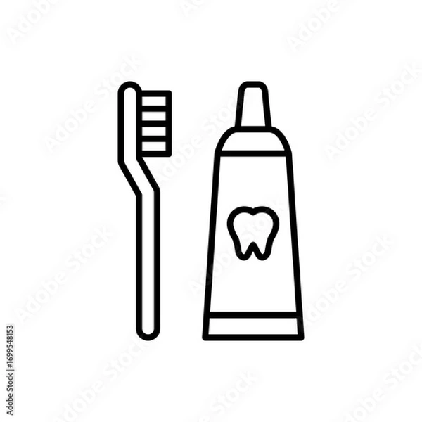 Fototapeta Toothbrush and toothpaste icon. Simple outline style. Toiletries, brush, tooth, paste, hygiene, oral, health, bathroom, dentist care concept. Thin line symbol. Isolated design.
