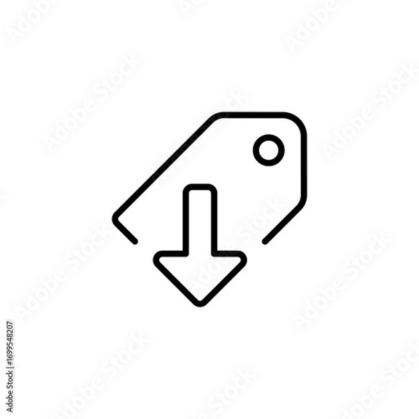 Fototapeta Price reduced icon. Simple outline style. Price tag with down arrow, low, cheap, cost, discount, reduction, promo, clearance, business concept. Thin line symbol. Isolated design.