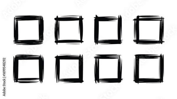 Fototapeta Eight black brush stroke square frames arranged in two rows white