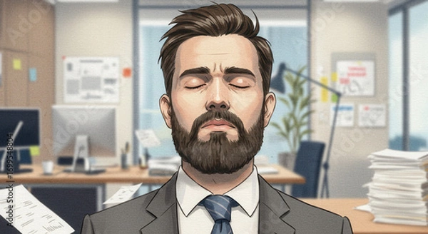 Fototapeta Young male with beard relaxing at work. Man closing eyes in office stress