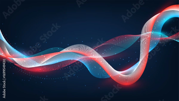 Fototapeta abstract digital background of flowing red and blue light waves with luminous particles symbolizing energy motion connection and modern technology in a futuristic visualization style
