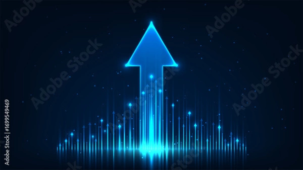 Fototapeta success growth progress with blue upward arrow symbolizing innovation technology and futuristic vision for corporate leadership finance strategy and achievement on dark sparkling background