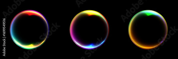 Fototapeta abstract glowing spheres with iridescent rainbow halos on dark background luminous orbs vibrant cosmic light fantasy digital art futuristic design colorful texture