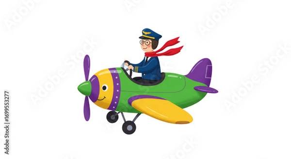 Fototapeta Cartoon Pilot Flying Colorful Toy Airplane detailed illustration featuring pilot, character, smiling, colorful, yellow, child concept design for