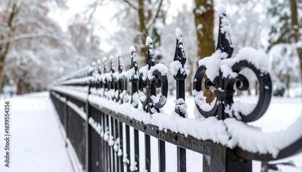 Obraz Snowy metal fence in park