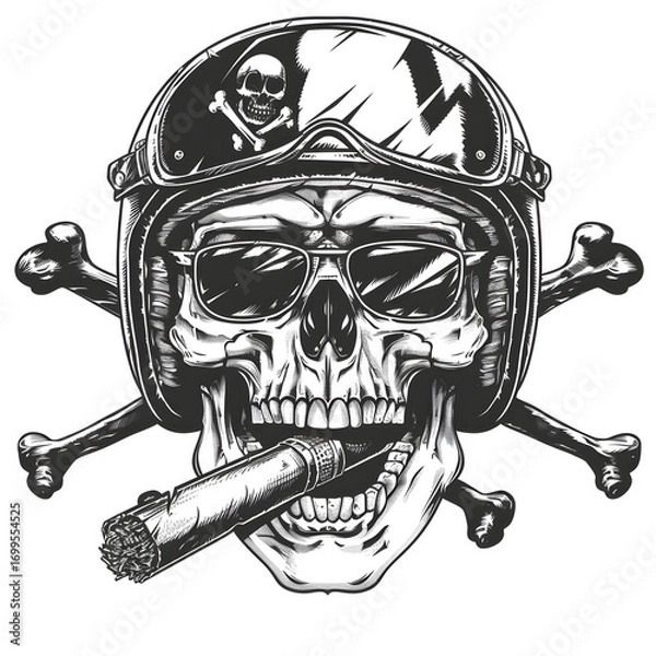 Obraz Skull Biker with Helmet and Cigar Monochrome Vector