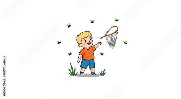 Fototapeta Cute cartoon boy catching fireflies with a net detailed illustration featuring drawing, human, playing, discovery, kid, exploring concept