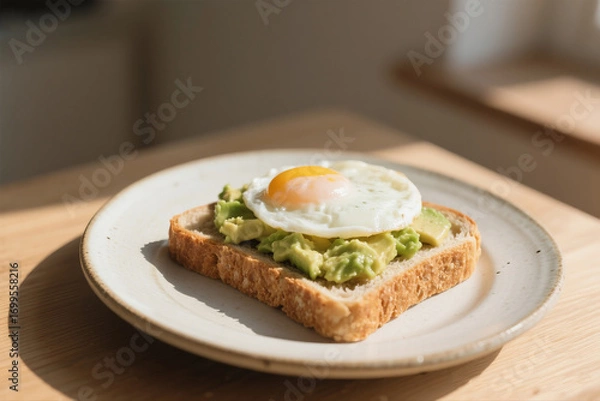 Fototapeta Wholegrain Bread with Smashed Avocado and Poached Egg