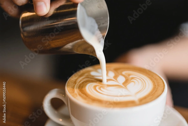 Fototapeta Barista Handcrafting Cappuccino Foam in Minimal Style