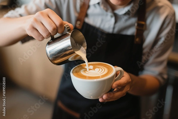 Fototapeta Close-Up of Barista Making Latte Art with Milk and Espresso