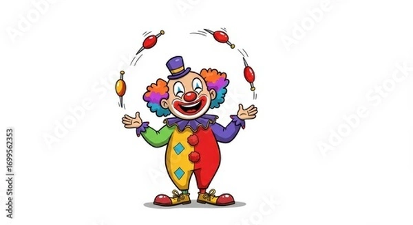 Fototapeta A cheerful clown, adorned in vibrant colors, skillfully juggles colorful objects against a plain white backdrop.