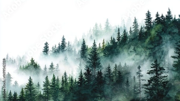 Fototapeta A serene watercolor painting of misty mountains, featuring tall evergreen trees enveloped in fog, creating a tranquil and atmospheric landscape.