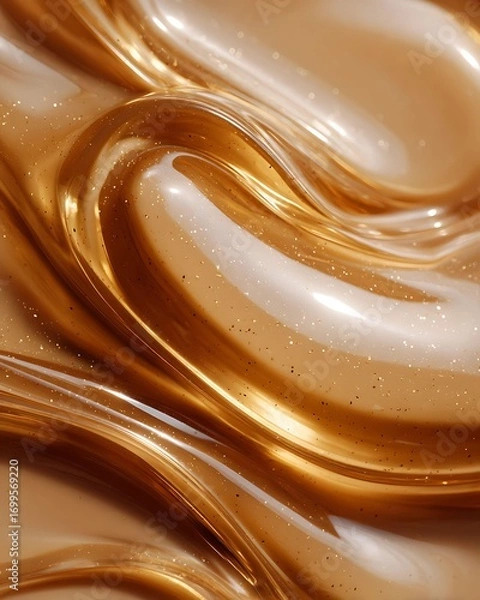 Fototapeta An abstract close-up of swirling golden caramel texture with shimmering highlights, showcasing a glossy and luxurious surface, ideal for modern design and elegant backgrounds.