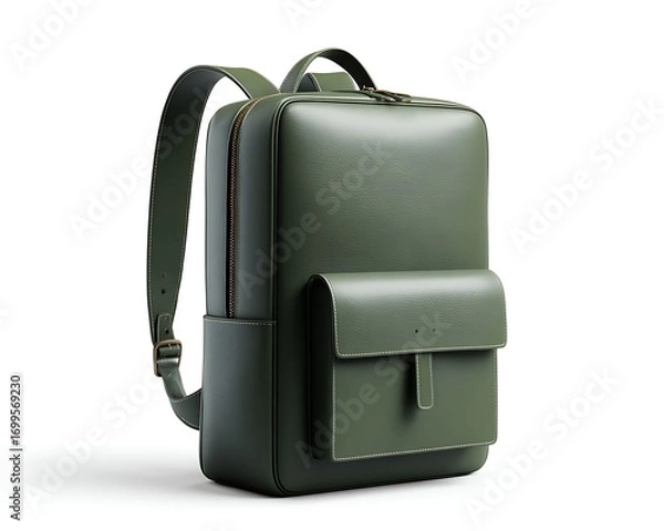 Fototapeta Image of a sleek green leather backpack with a front pocket, presented against a white background. Suitable for fashion and accessories use.