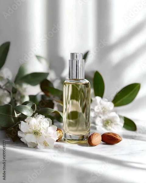 Fototapeta An elegant perfume bottle is showcased alongside white flowers and almonds on a marble surface, creating a fresh and natural beauty aesthetic.