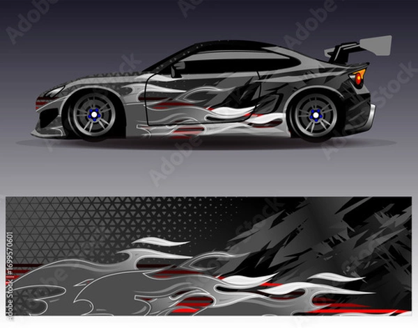 Fototapeta Car wrap design vector. Graphic abstract stripe racing background designs for vehicle, rally, race, adventure and car racing livery