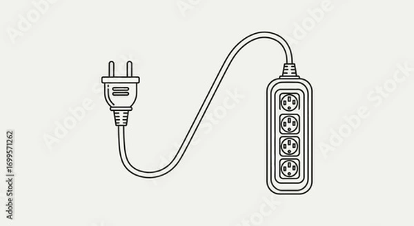 Fototapeta Minimalist line art illustration of a power strip extension cord with multiple sockets for distributing electricity and connecting electronic devices