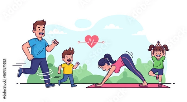Fototapeta Healthy Family Exercising Together Outdoors: Running, Yoga, and Fitness Concept