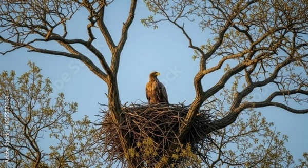 Fototapeta Majestic Bald Eagle Perched High in Nest Amidst Tree Branches
