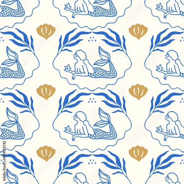 Fototapeta Dreamy Underwater Seamless Pattern with Marine Style Mythical Mermaids