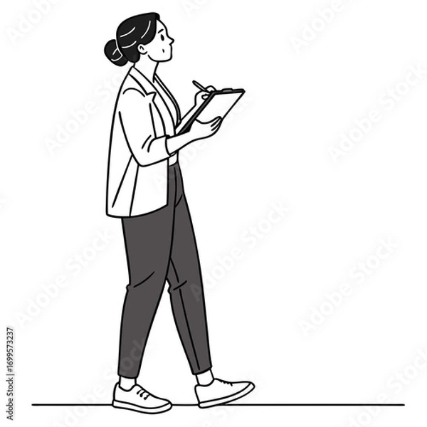 Fototapeta A woman in casual business attire walks while holding a clipboard and writing with a pen