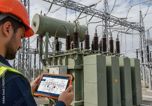 Obraz Electrical engineer using digital tablet for transformer inspection at power substation