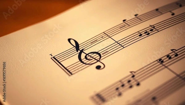 Fototapeta Close-up of musical notes on sheet music, treble clef visible, staff, cello