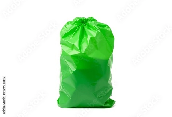Fototapeta Full green plastic trash bag isolated on pure white background,  refuse,  texture