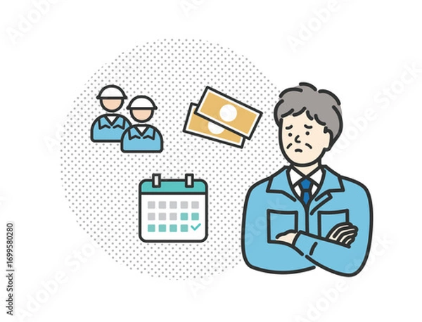 Obraz 悩んでいる　ミドル　シニア　中年の作業服の男性のアイコンイラスト
