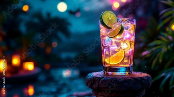 Obraz cocktail, drink, citrus, lime, orange, twilight, garden, pool, evening, relaxation, colorful, light, stones, ambiance, nature, party, summer, refreshment, enjoyment, outdoors, decorations, scenery, le