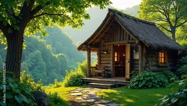 Fototapeta Serene rustic hut nestled amidst lush greenery, perfect for peaceful relaxation and escape  Sunlight streams through the open doorway, illuminating the cozy interior , relaxation, retreat