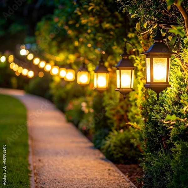 Fototapeta Row of lanterns hanging along a garden pathway at night, creating a magical illuminated trail