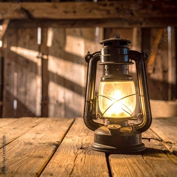 Fototapeta Lantern glowing softly on an old wooden table inside a rustic barn, shadows in the background