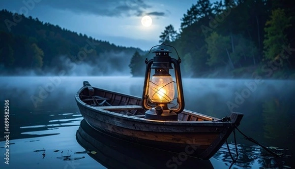 Fototapeta Vintage oil lantern floating on a small boat in a misty lake under moonlight
