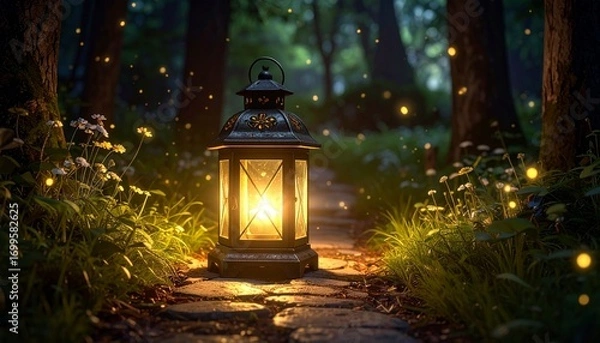 Fototapeta Ancient lantern placed on a stone pathway in a dark enchanted forest, surrounded by fireflies