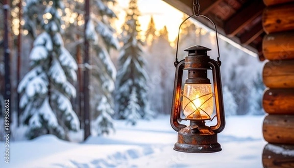 Fototapeta Rusty lantern hanging from a wooden cabin porch in the middle of snowy woods, warm light glowing