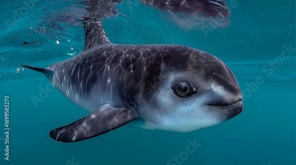 Fototapeta A vaquita swimming gently in turquoise waters, peaceful moment under the ocean surface with soft light rays.