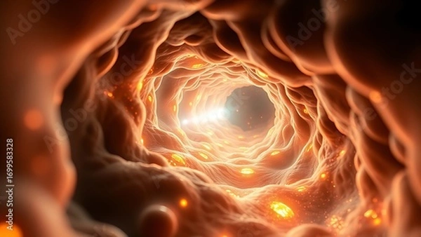 Fototapeta An abstract microscopic view inside a cell with glowing pathways and new traffic patterns of luminous proteins.