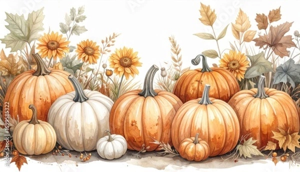 Fototapeta Autumnal Pumpkins with Sunflowers and Foliage in Watercolor Style Illustration on White Background